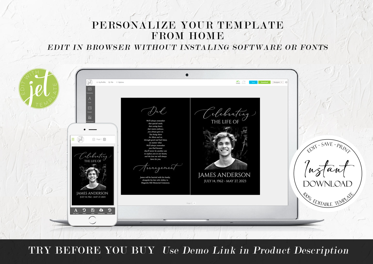11x17 Celebration of Life Minimalist Elegant Black Funeral Program Template B