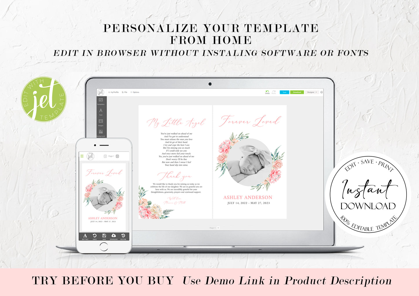 Forever Loved Child Baby Girl Blush Pink Roses Greenery Funeral Program Template