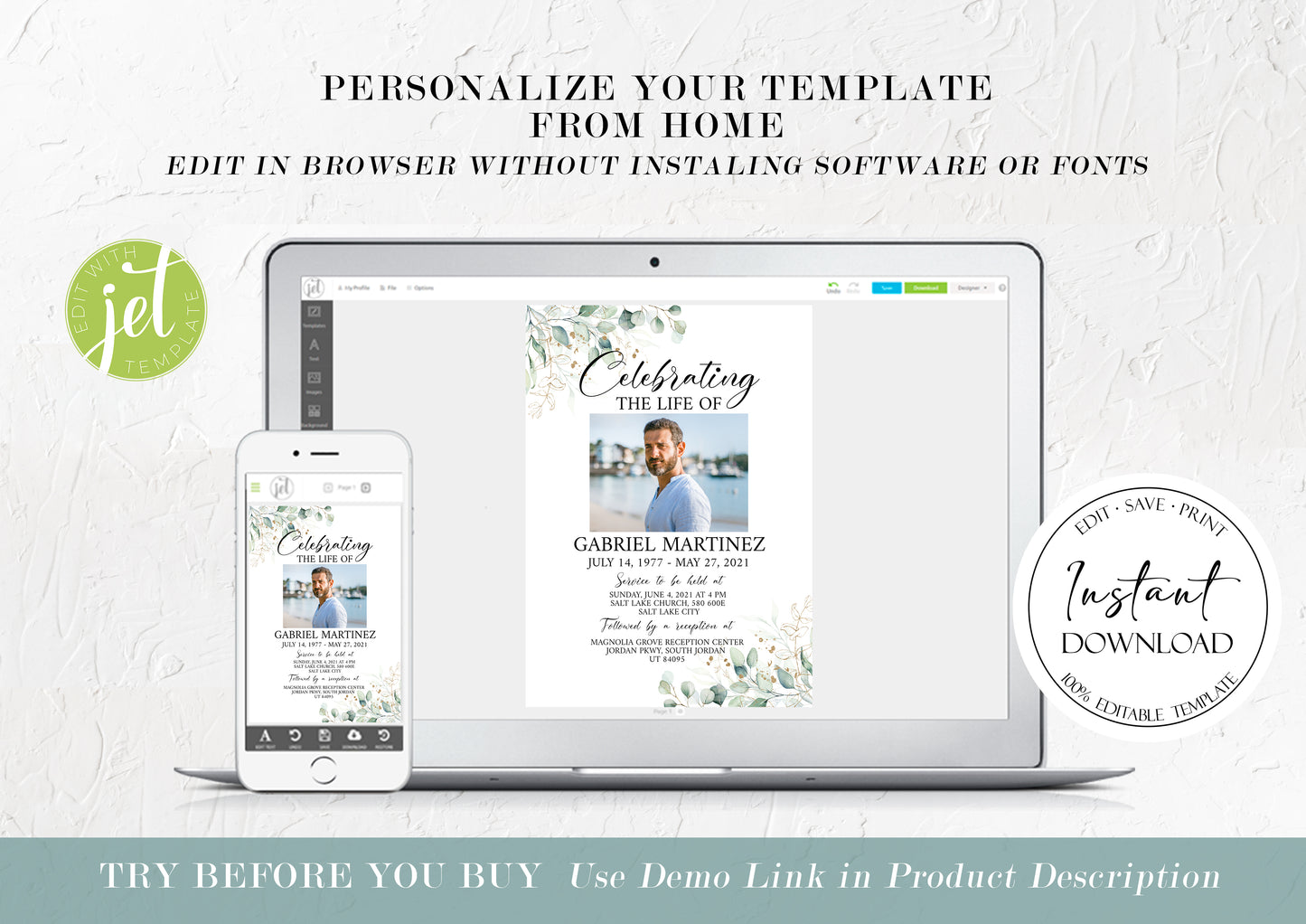 Celebration of Life Watercolor Greenery Gold Funeral Bundle, Greenery Memorial Package, Celebration of Life Package, In Loving Memory Suite Eucalyptus Funeral Set G1