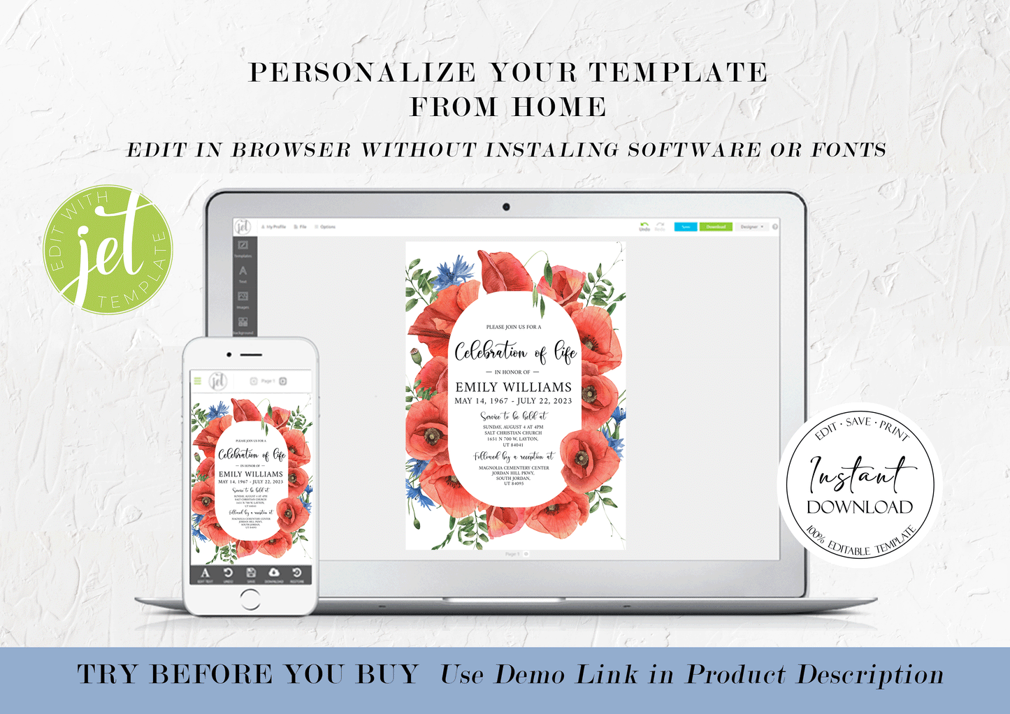 Celebration of life Red Poppies Greenery Funeral Invitation Template, Red Poppies Funeral Invite, Red Poppies Funeral Announcement, Funeral Card Template, Red Poppies Floral Memorial Service Invitation