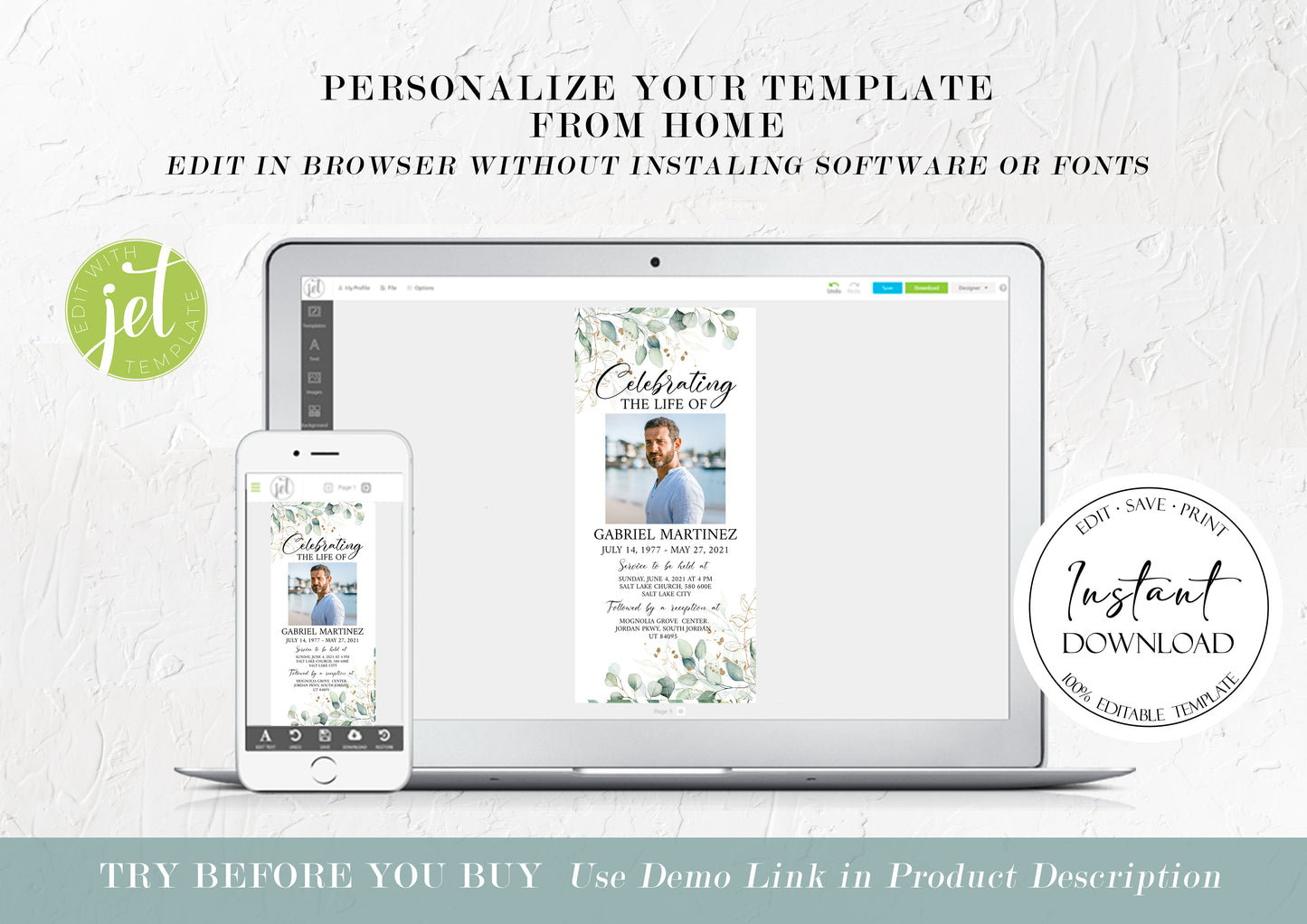 Greenery Funeral Announcement, Greenery Memorial Evite, Electronic Funeral Invite Celebration of life Watercolor Greenery Gold Digital Funeral Invitation TemplateG1