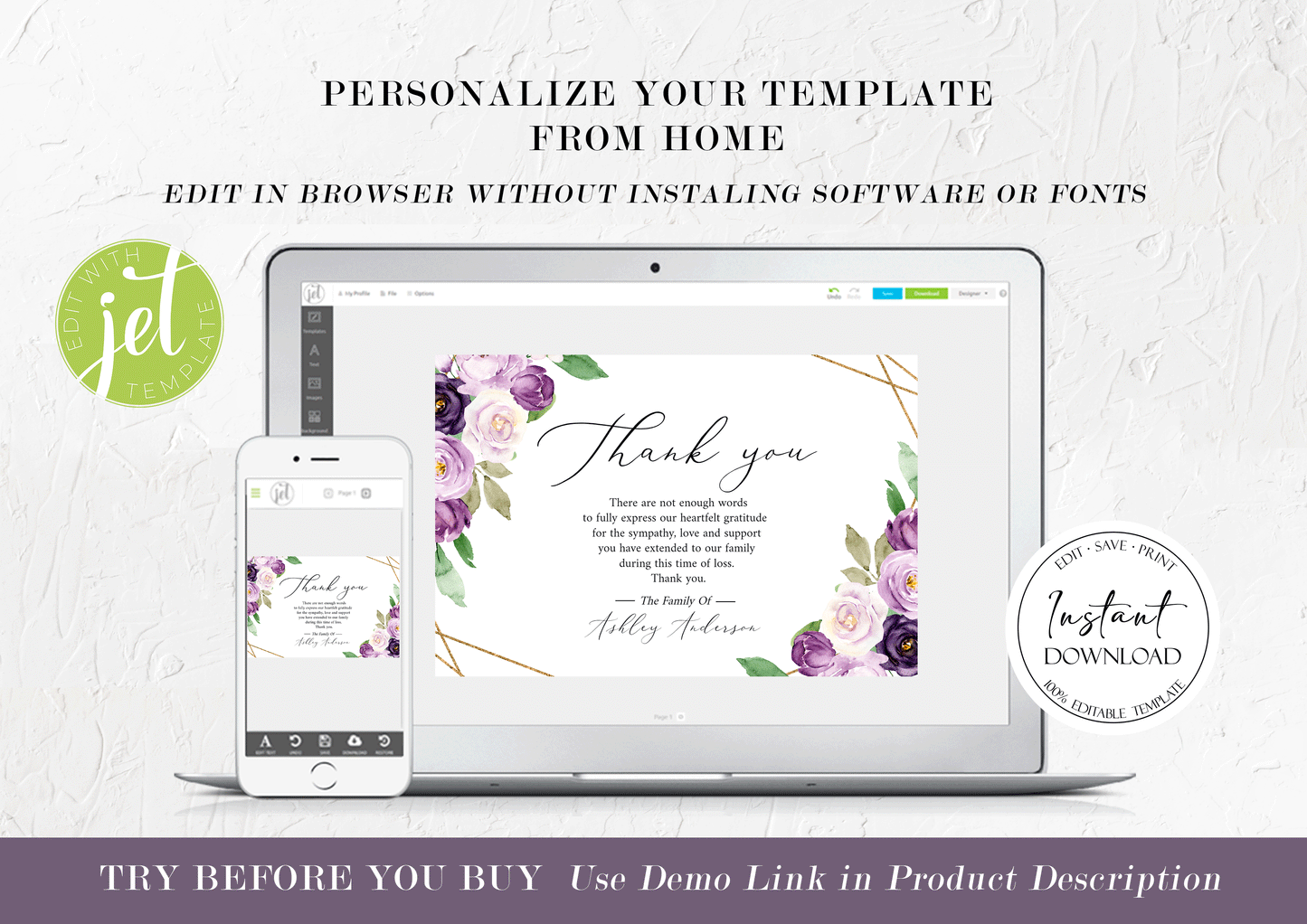 Funeral thank you, Celebration of life, Funeral Thank You Photo, Memorial Card, Printable Thank You Card Template, Editable Sympathy Card, P1