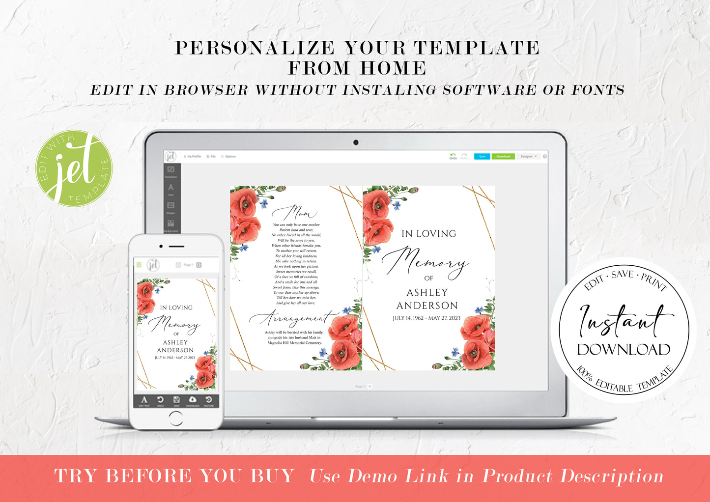 In Loving Memory of Red Poppies Greenery Funeral Program Template, Red Poppies Funeral Program Template, Red Poppies Memorial Program, Obituary Program