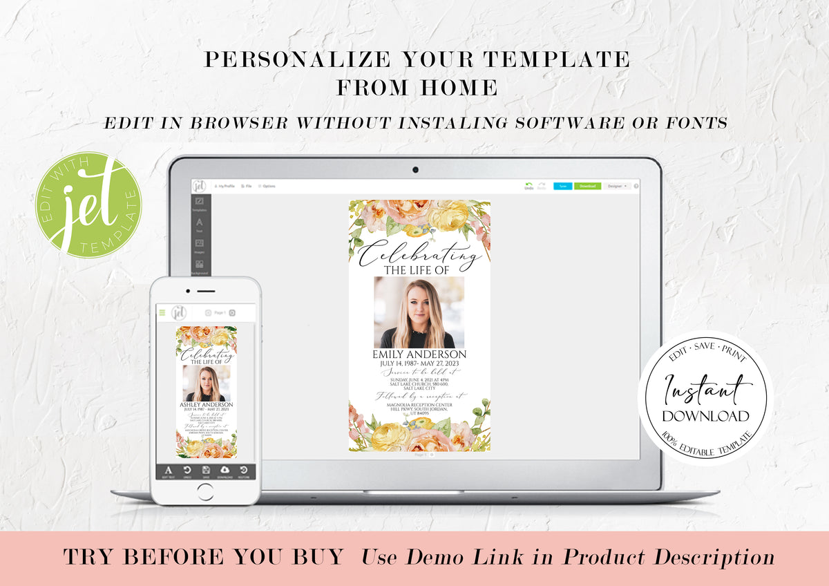 Celebration of life Elegant Yellow Pink Floral Digital Funeral Invitation Template, Yellow Pink Floral Electronic Funeral Invite, Memorial Evite Digital Memorial Invite