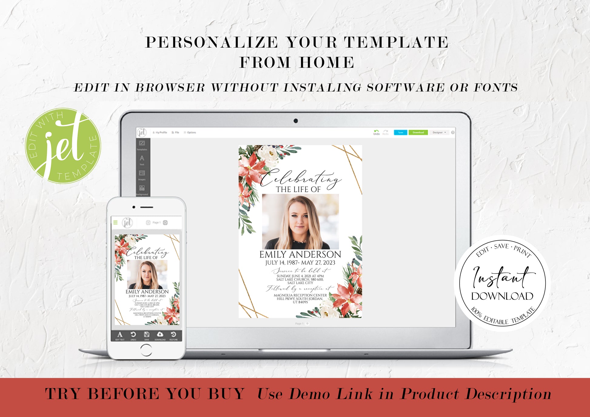 Editable Celebration of Life Christmas Winter Red Greenery Gold Funeral Bundle Templates, Christmas Memorial Package, Celebration of Life Funeral Set