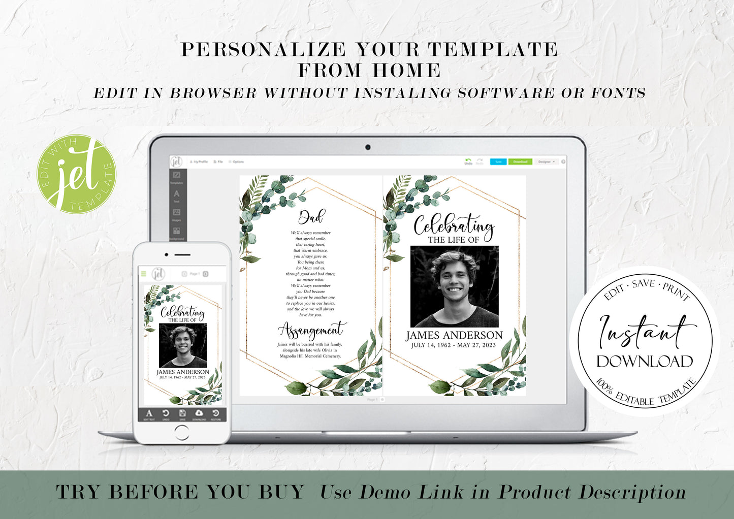 Celebration of life Watercolor Greenery Gold Funeral Program Template, Funeral Brochure, Greenery Gold Memorial Program, Obituary Program Q1