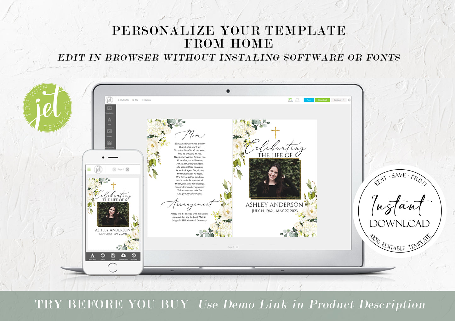 11x17 Celebration of Life White Greenery Floral Gold Cross Funeral Program Template, White Greenery Funeral Memorial Program, Printable Gold Cross Funeral Program for woman