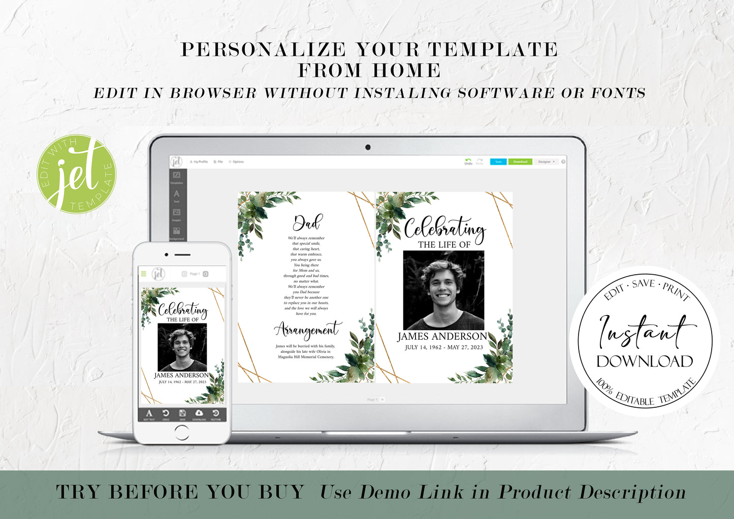Celebration of Life Watercolor Greenery Gold Funeral Program Template Q1