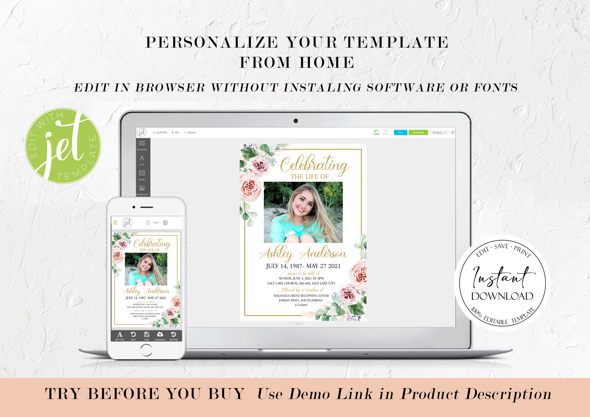 Editable Blush Pink Roses Greenery Funeral Bundle, Memorial Package, Celebration of Life Invitation Package, In Loving Memory Suite, Pink Roses Funeral Set F1