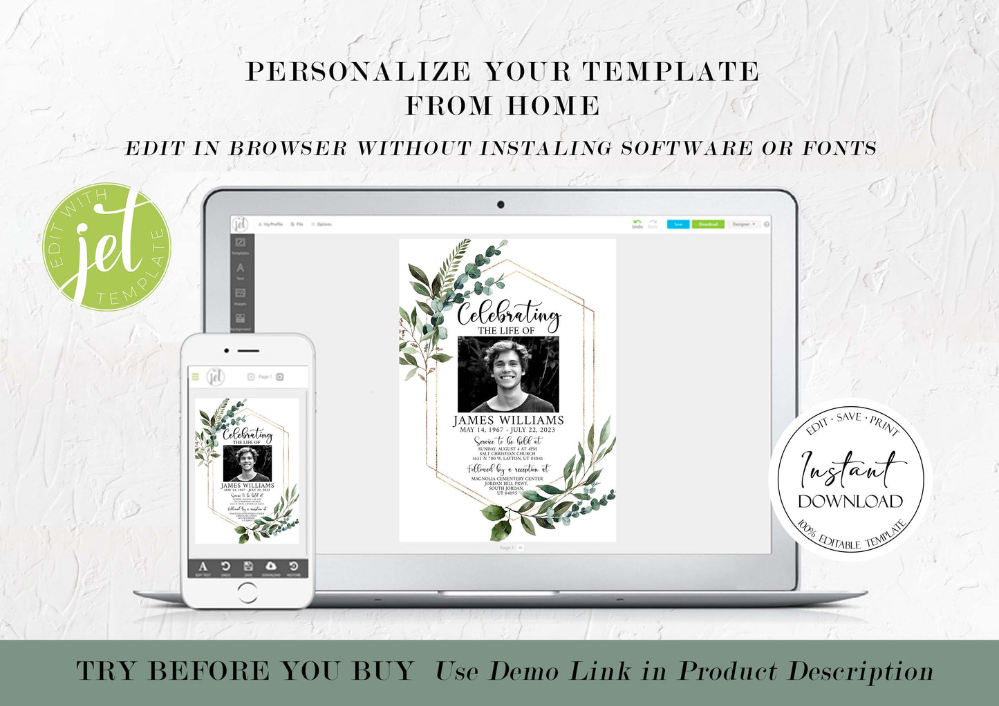 Celebration of life Watercolor Greenery Gold Funeral Invitation Template, Funeral Announcement Funeral Card Template, Memorial Service Invitation Q1