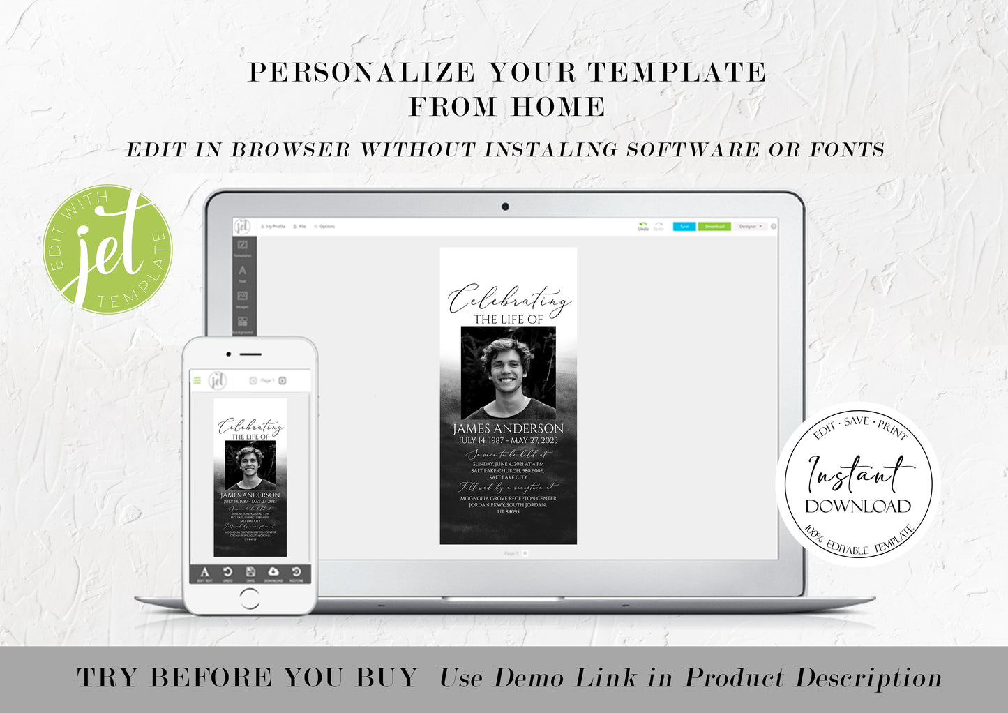 Celebration of life Black Watercolor Digital Funeral Invitation Template, Electronic Funeral Invite for men Memorial Service Evite Black Watercolor Funeral Evite Template