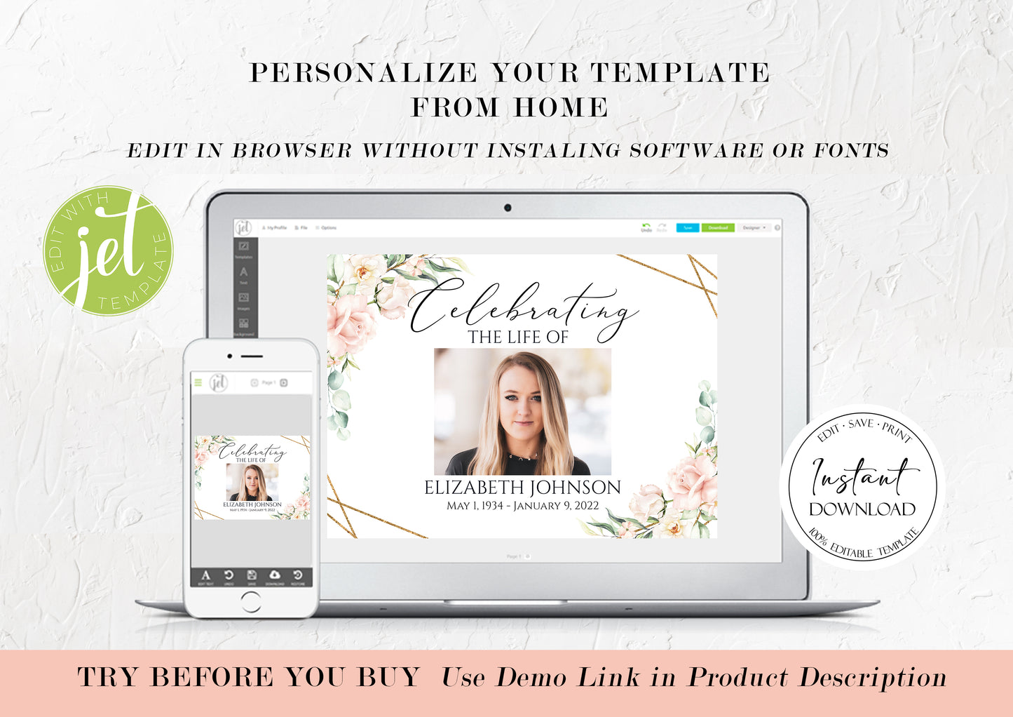 Celebration of life Blush Pink Funeral Guest Book Template, Printable Watercolor Roses Remembrance Memorial Guest Book Condolence Book P4