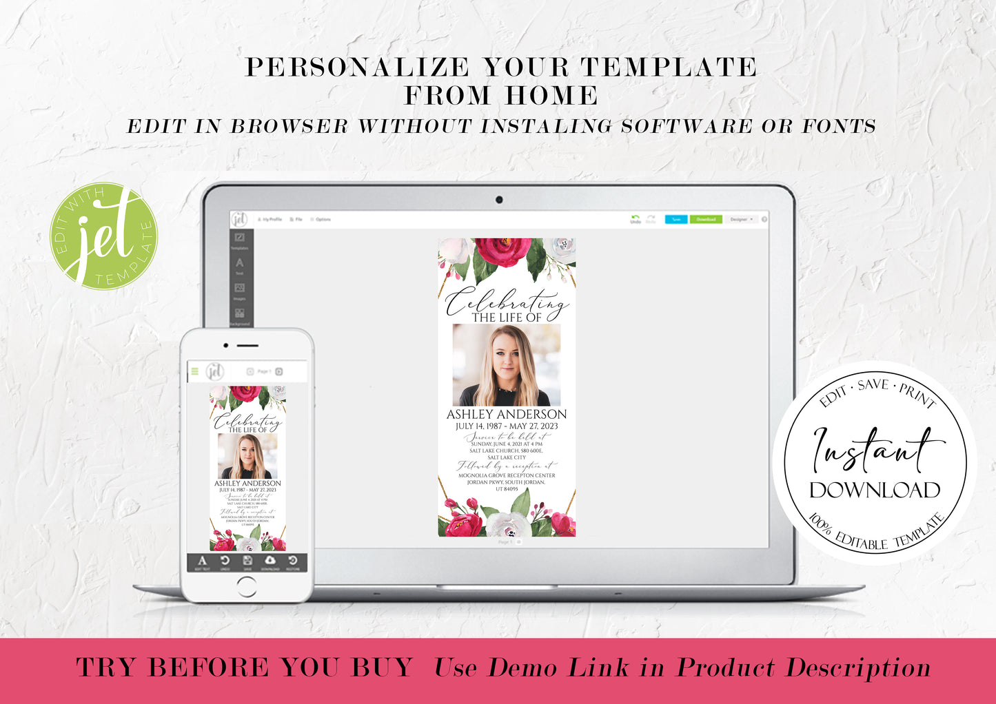 Digital Funeral Invitation, White Pink Roses Funeral, Roses Memorial Evite, Electronic Funeral Invite for women, Memorial Service Invite P2