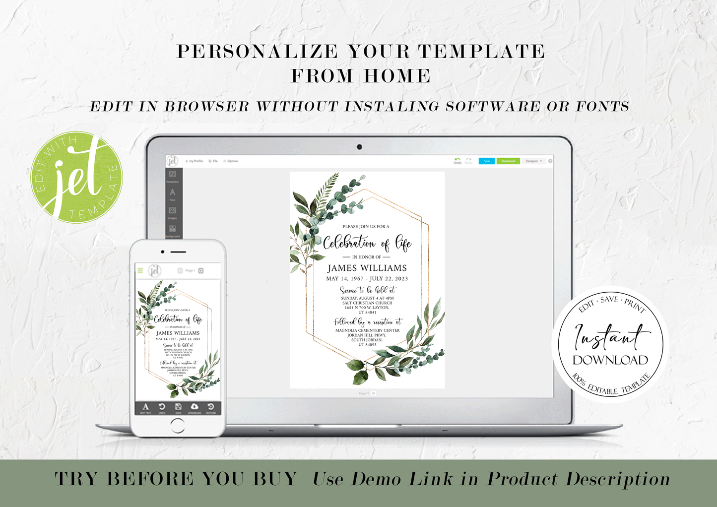 Celebration of life Watercolor Greenery Gold Funeral Invitation Template, Funeral Announcement Funeral Card Template, Memorial Service Invitation Q1