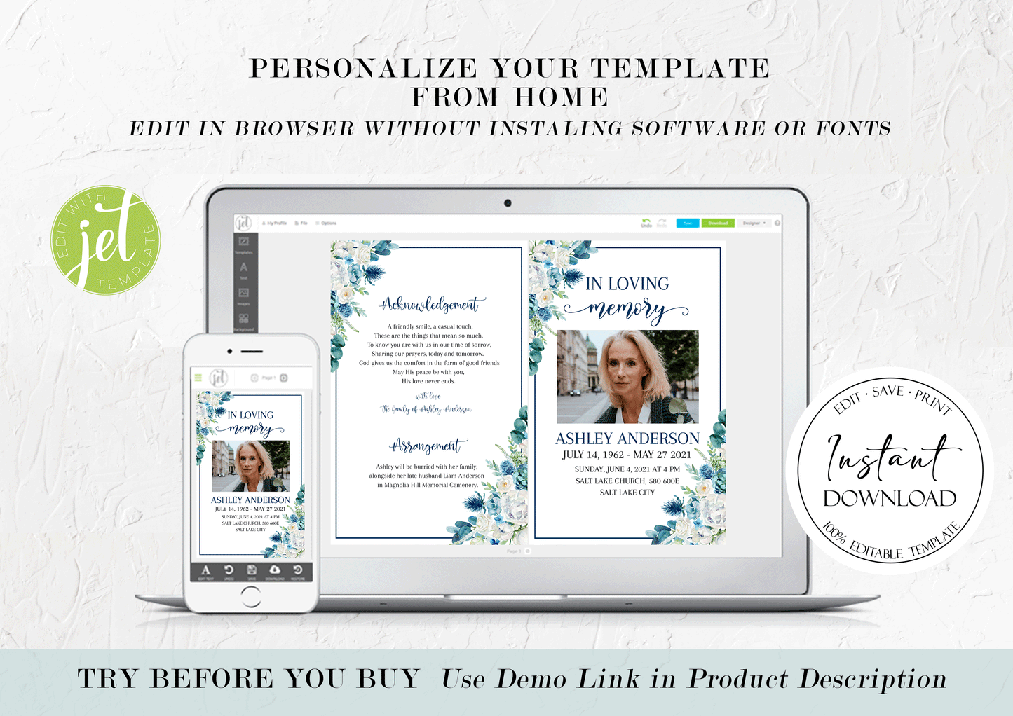 In Loving Memory Blue White Floral Funeral Program Template, Blue White Floral Funeral Brochure Template, Memorial Program, Obituary Program, Funeral Mass Program B1