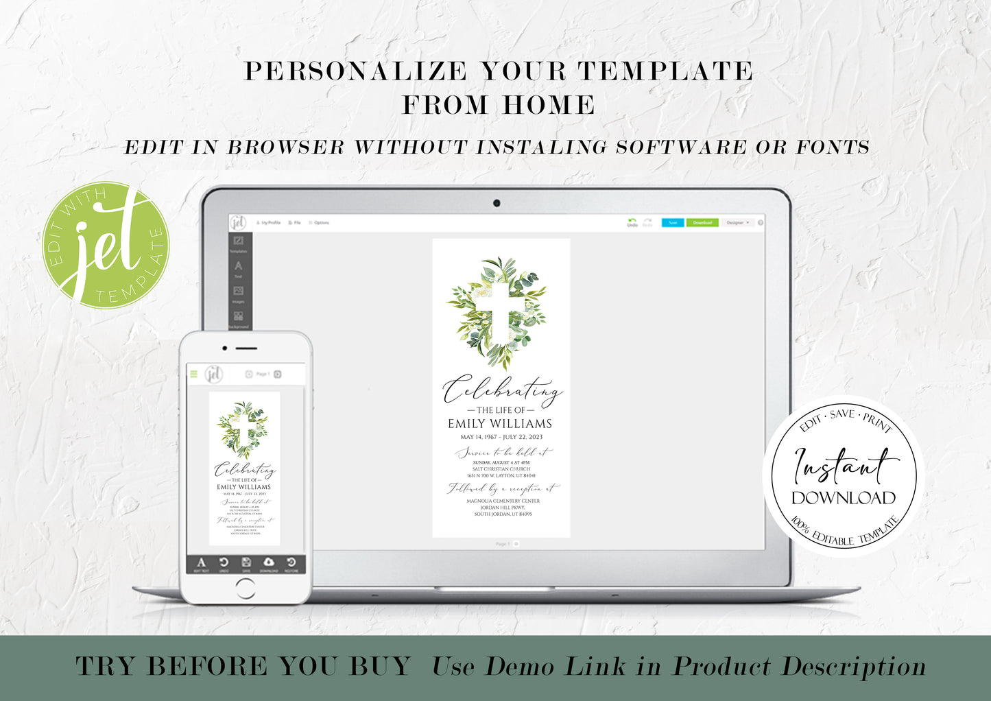 Celebration of life Watercolor Greenery Cross Digital Funeral Invitation Template, Greenery Cross Funeral Announcement, Memorial Evite, Greenery Electronic Funeral
