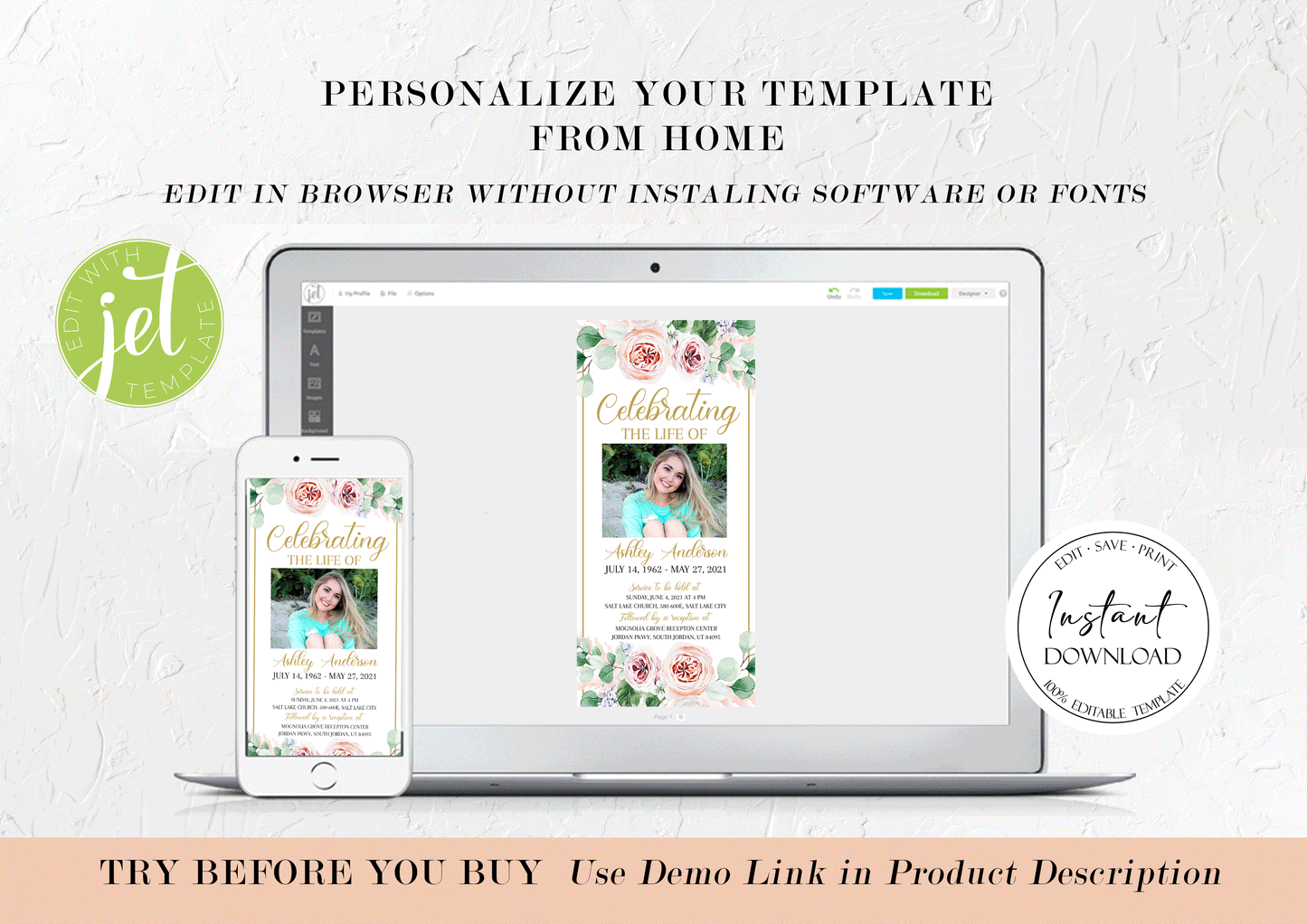 Celebration of life Digital Funeral Invitation, Blush Pink Roses Funeral Evite, Electronic Funeral Invite, Digital Memorial Invitation F1
