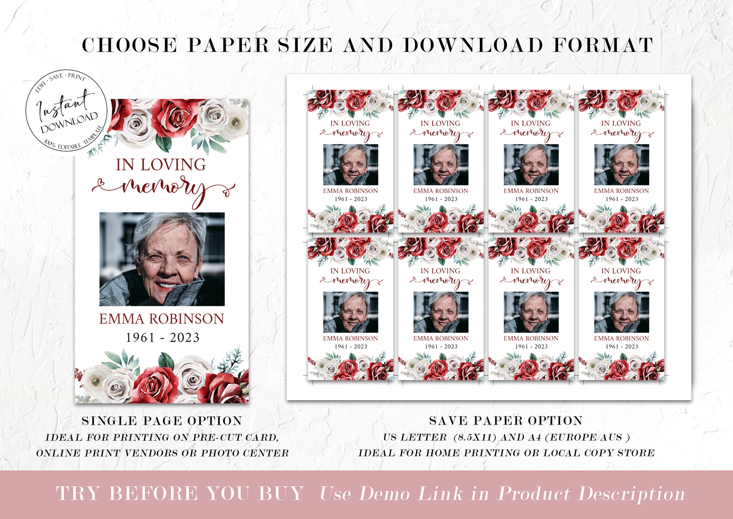 Burgundy Funeral Prayer Cards, Printable Red Roses Memorial Prayer Card Template, Red Roses Funeral Prayer Card, Catholic Prayer Cards, R2