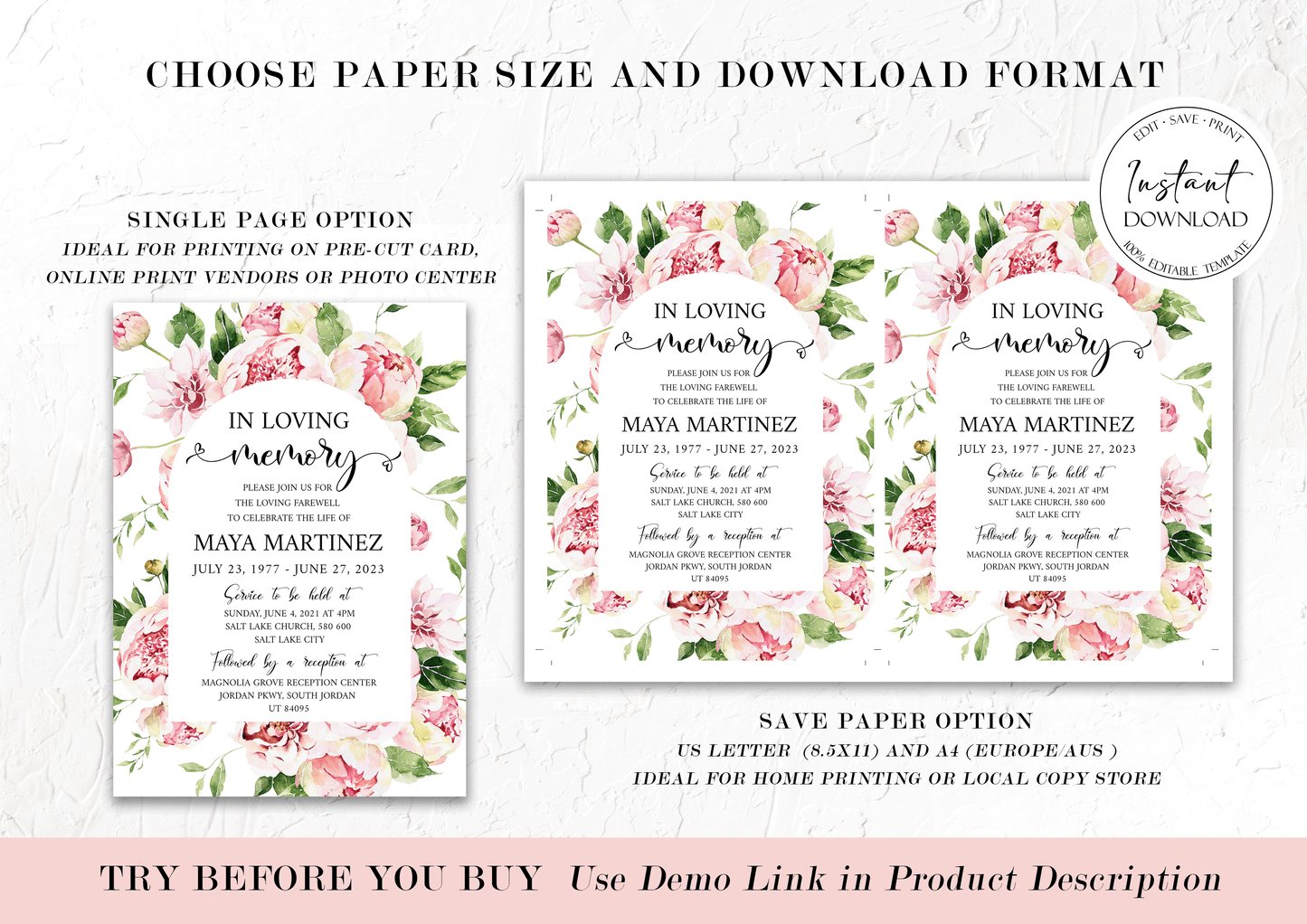 Celebration of life Blush Pink Peony Greenery Funeral Invitation Template, Funeral Announcement, Funeral Card Template, Printable Pink Floral Memorial Invite P5