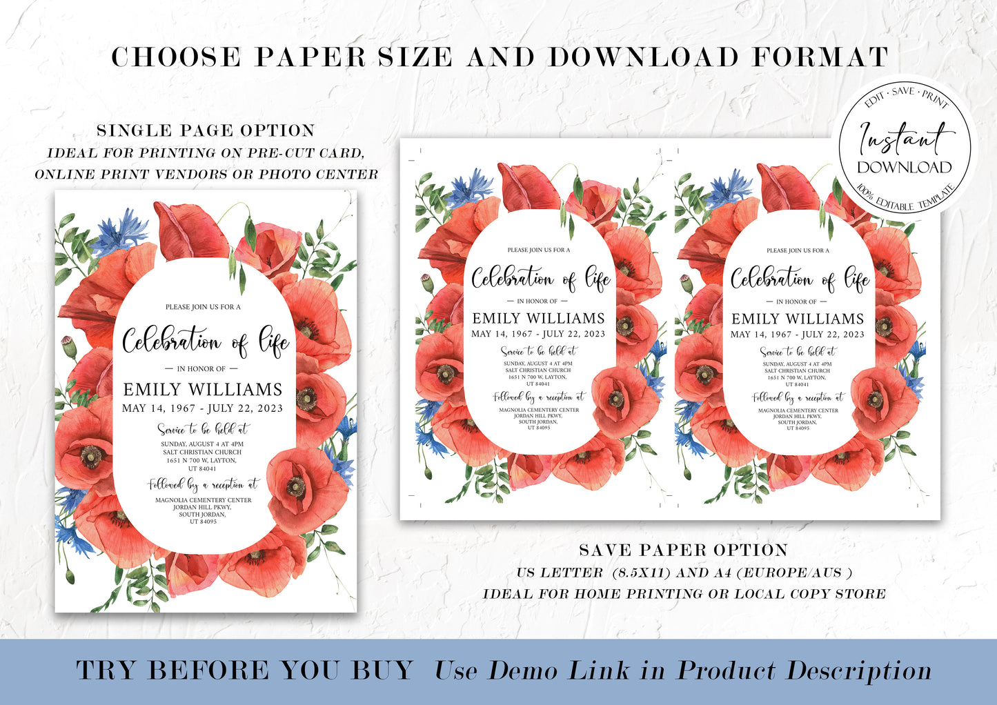 Celebration of life Red Poppies Greenery Funeral Invitation Template, Red Poppies Funeral Invite, Red Poppies Funeral Announcement, Funeral Card Template, Red Poppies Floral Memorial Service Invitation