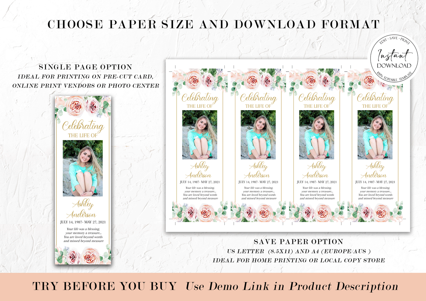 Blush Pink Roses Greenery Funeral Bookmark Template, Celebration of Life Bookmark, Funeral Keepsake Cards, Floral Pink Roses Greenery Memorial Bookmark, Obituary Bookmark F1