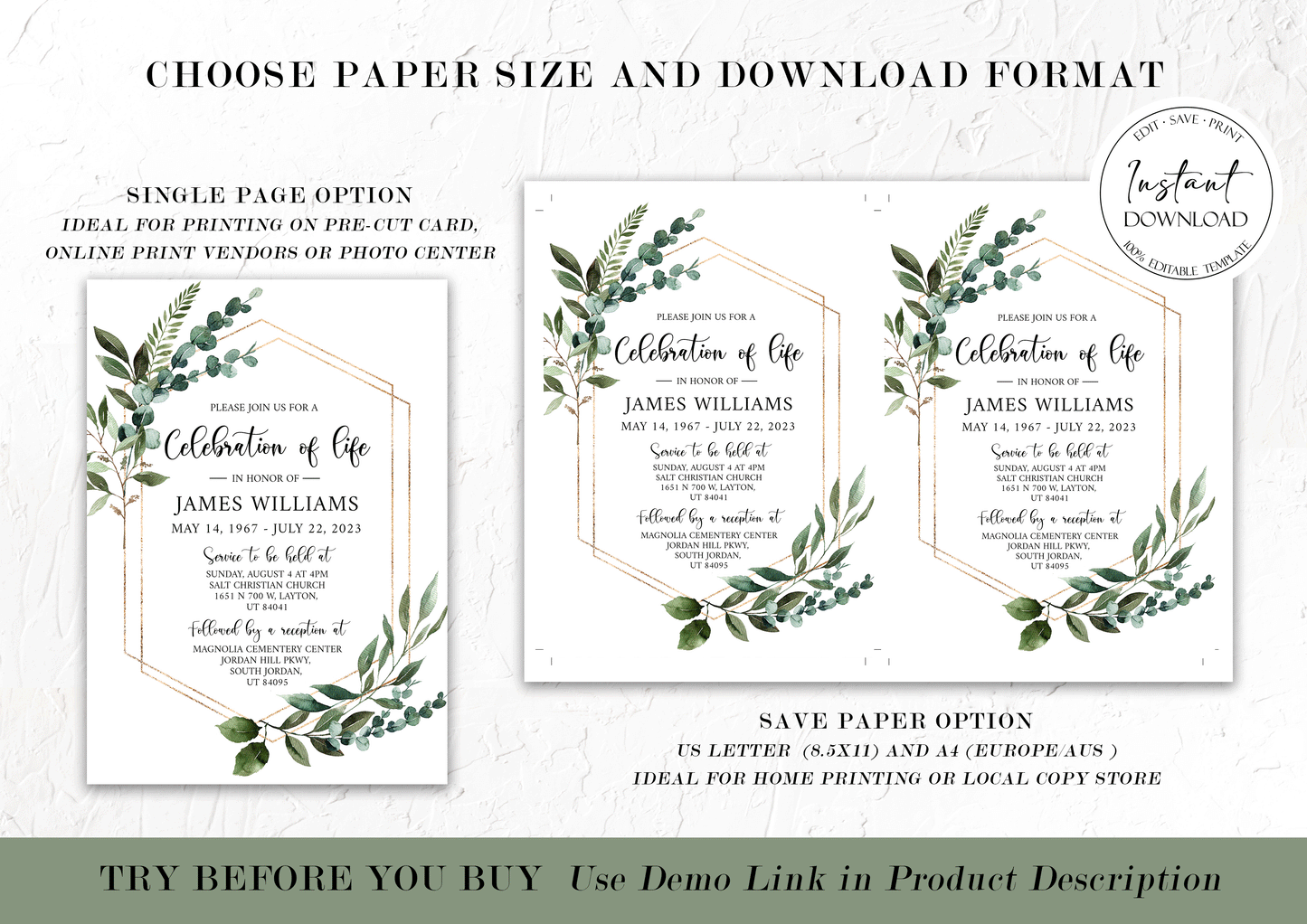 Celebration of life Watercolor Greenery Gold Funeral Invitation Template, Funeral Announcement Funeral Card Template, Memorial Service Invitation Q1