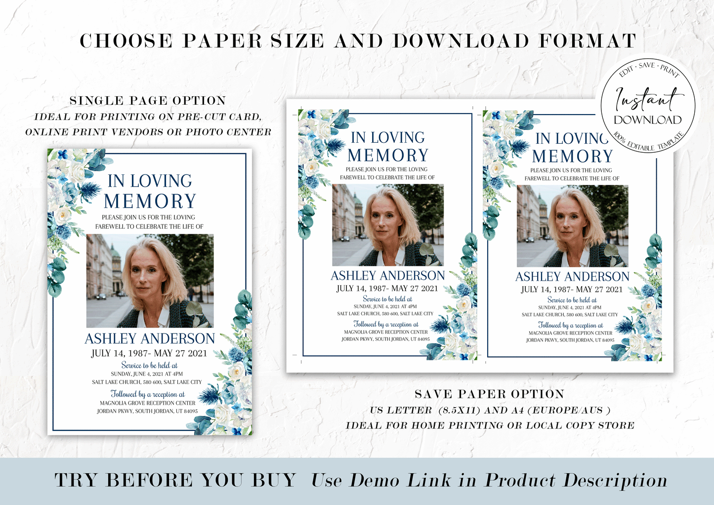 In Loving Memory Blue White Floral Funeral Invitation Template Blue Floral Funeral Announcement, Blue Funeral Card Template, Printable Memorial Service B1