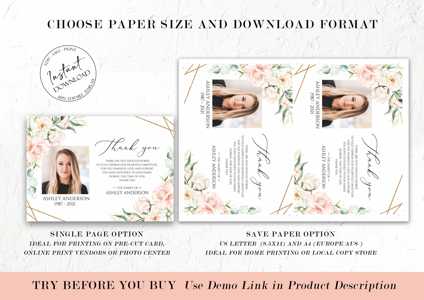 Celebration of life Blush Pink Roses Funeral Photo Thank You Card Template P4