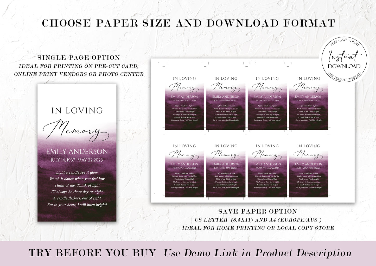 In Loving Memory Pink Fuchsia Watercolor Funeral Favor Tag Template, Memorial Candle Favor Tag, Purple In Loving Memory Favor Tags