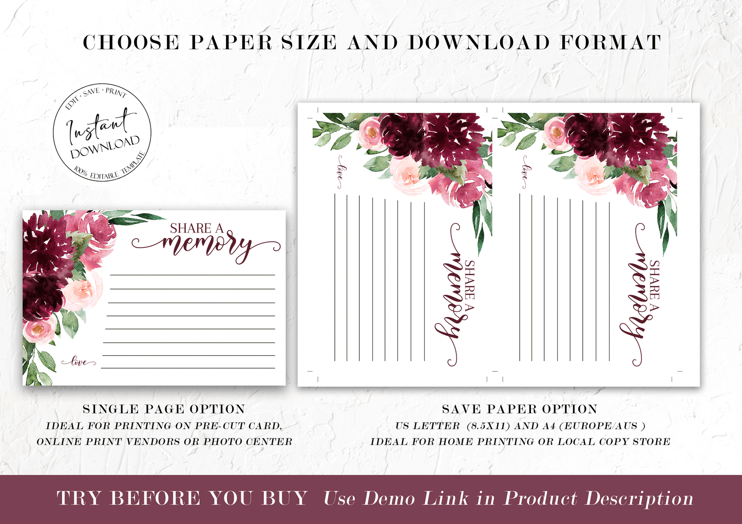 Red Roses Share a Memory Funeral Sign, Share a Memory Card, Red Roses Funeral Memory Card, Editable Funeral Share a Memory Cards Template R3