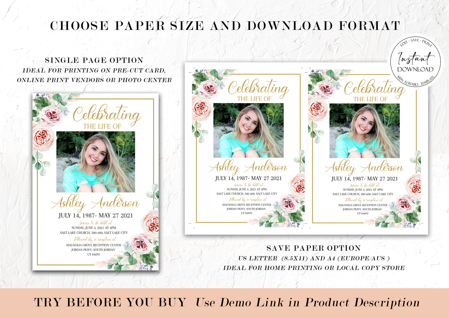 Celebration of life Funeral Invitation, Floral Funeral Invite, Pink Roses Funeral Announcement Funeral Card Printable Memorial Invitation F1