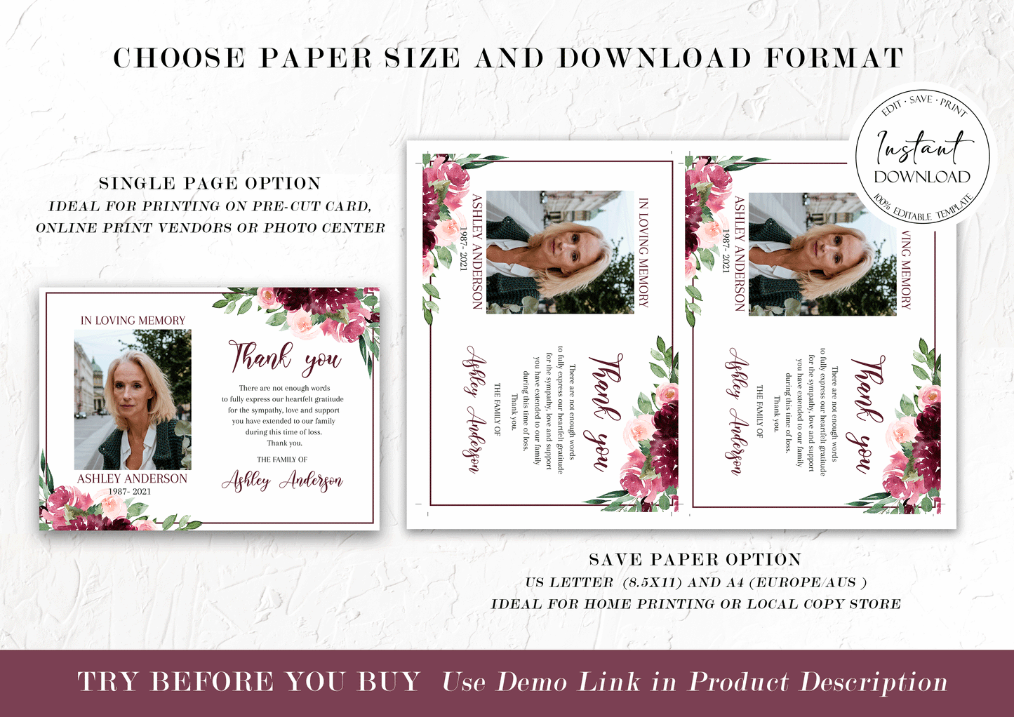 Red Roses Funeral Thank You Celebration of life Funeral Thank You Red Roses Memorial Thank You Card Template Editable Sympathy Card R1