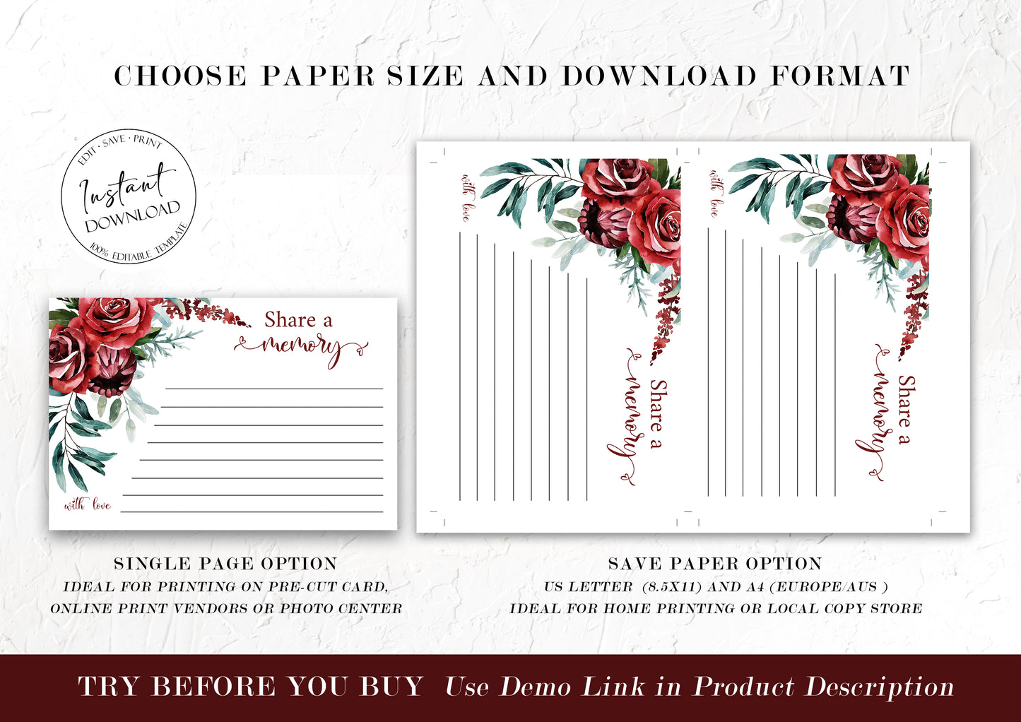 Burgundy Red Roses Share a Memory Funeral Sign Share a Memory Card Template R2