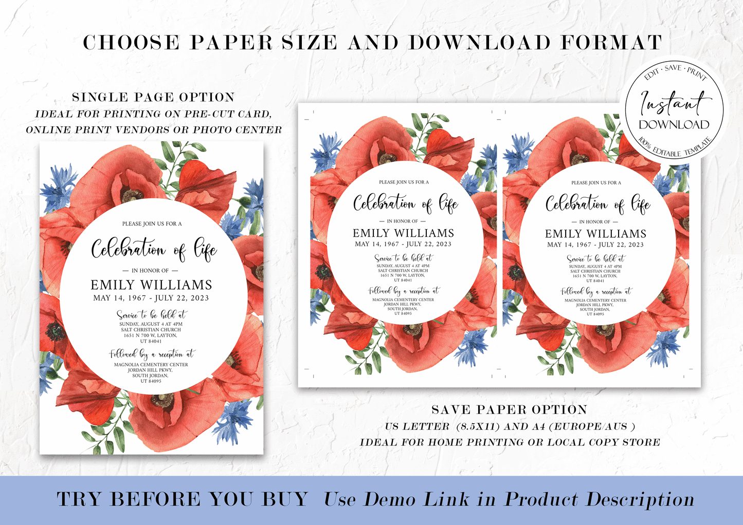Celebration of life Red Poppies Greenery Funeral Invitation Template, Red Poppies Funeral Invite, Red Poppies Funeral Announcement, Funeral Card Template, Red Poppies Floral Memorial Service Invitation
