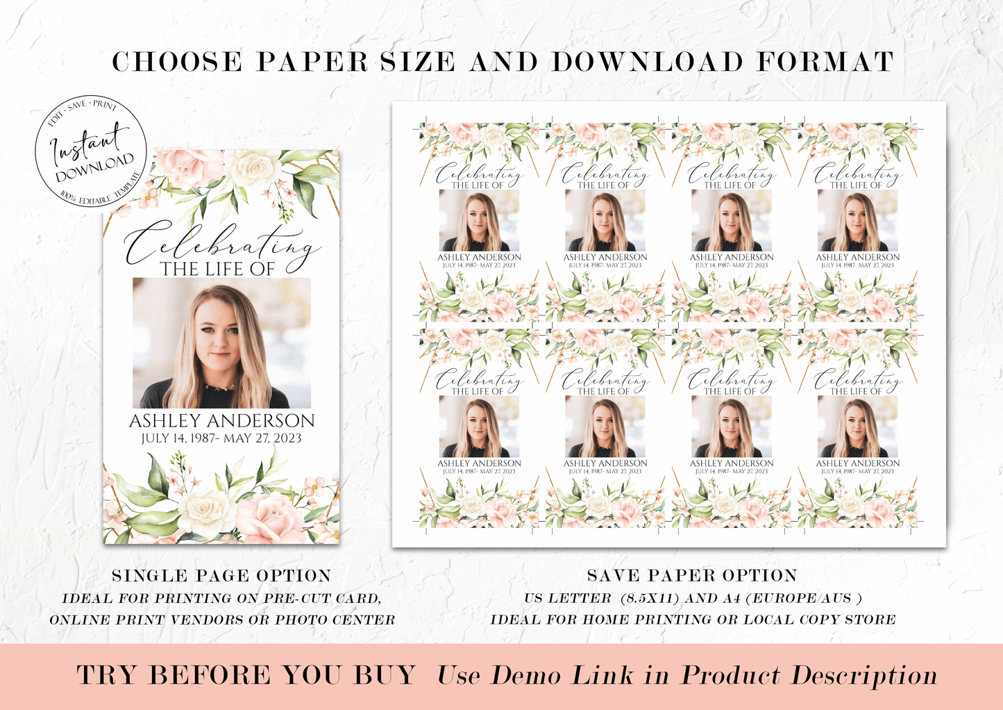 Editable Pink Roses Funeral Prayer Card Template, Printable Memorial Prayer Card Template, Blush Funeral Prayer Card, Catholic Mass Card
