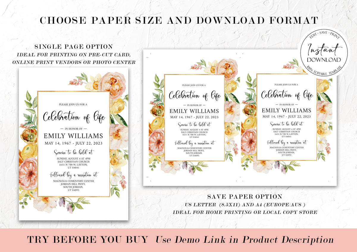 Celebration of life Elegant Yellow Pink Floral Funeral Invitation Template, Funeral Announcement, Printable Elegant Yellow Pink Floral Memorial Service Invitation