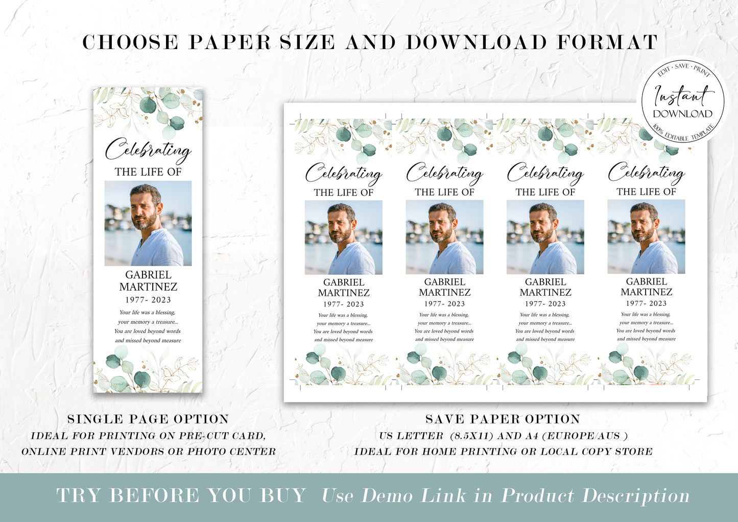 Celebration of Life Watercolor Greenery Gold Funeral Bookmark Template, Funeral Keepsake Cards, Greenery Memorial Bookmark, Obituary Bookmark G1