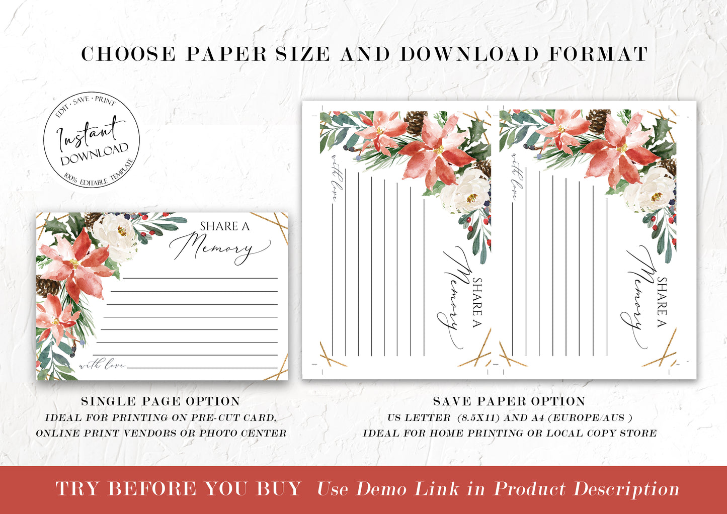 Christmas Winter Red Greenery Gold Share a Memory Funeral Sign Share a Memory Card Template, Printable Winter Funeral Memory Card, Winter Funeral share a memory