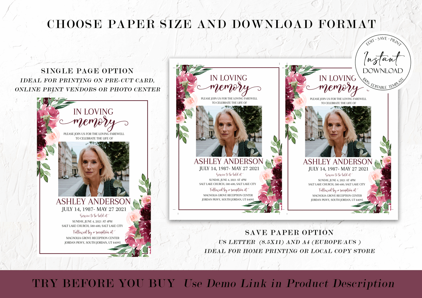 Editable Red Roses Funeral Bundle, Red Memorial Package, Celebration of Life Package, In Loving Memory Suite, Red Floral Funeral Bundle R3
