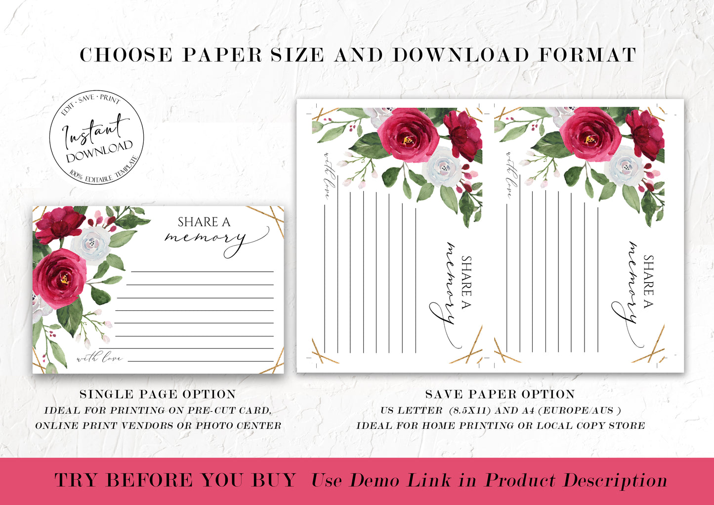 White Pink Roses Share a Memory Funeral Sign and Share a Memory Card Template, White Pink Roses Funeral Memory Cards, Editable Funeral Share a Memory Cards P2