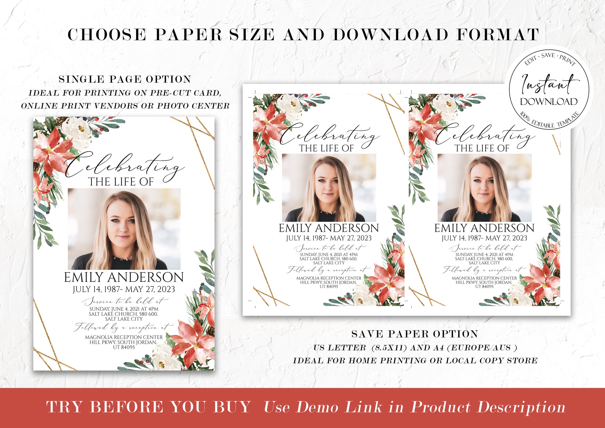 Editable Celebration of Life Christmas Winter Red Greenery Gold Funeral Bundle Templates, Christmas Memorial Package, Celebration of Life Funeral Set