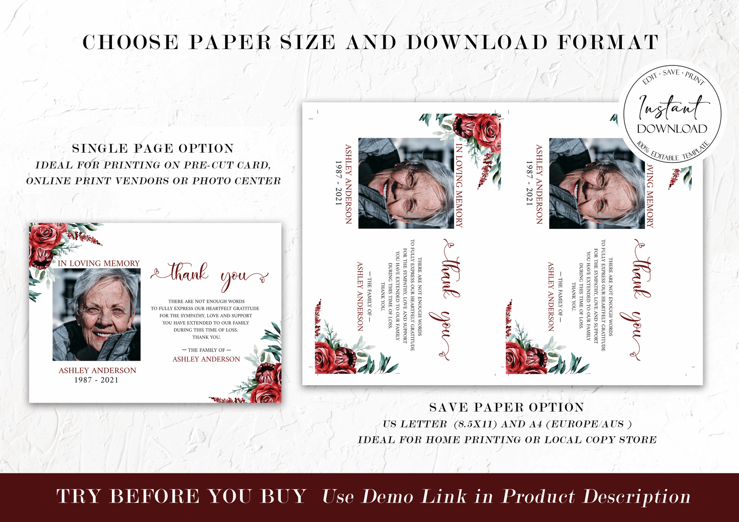 Burgundy Funeral Photo Thank You Cards, Memorial Card, Celebration of life, Printable Red Roses Funeral Photo Thank You Card, Red Sympathy Card P2