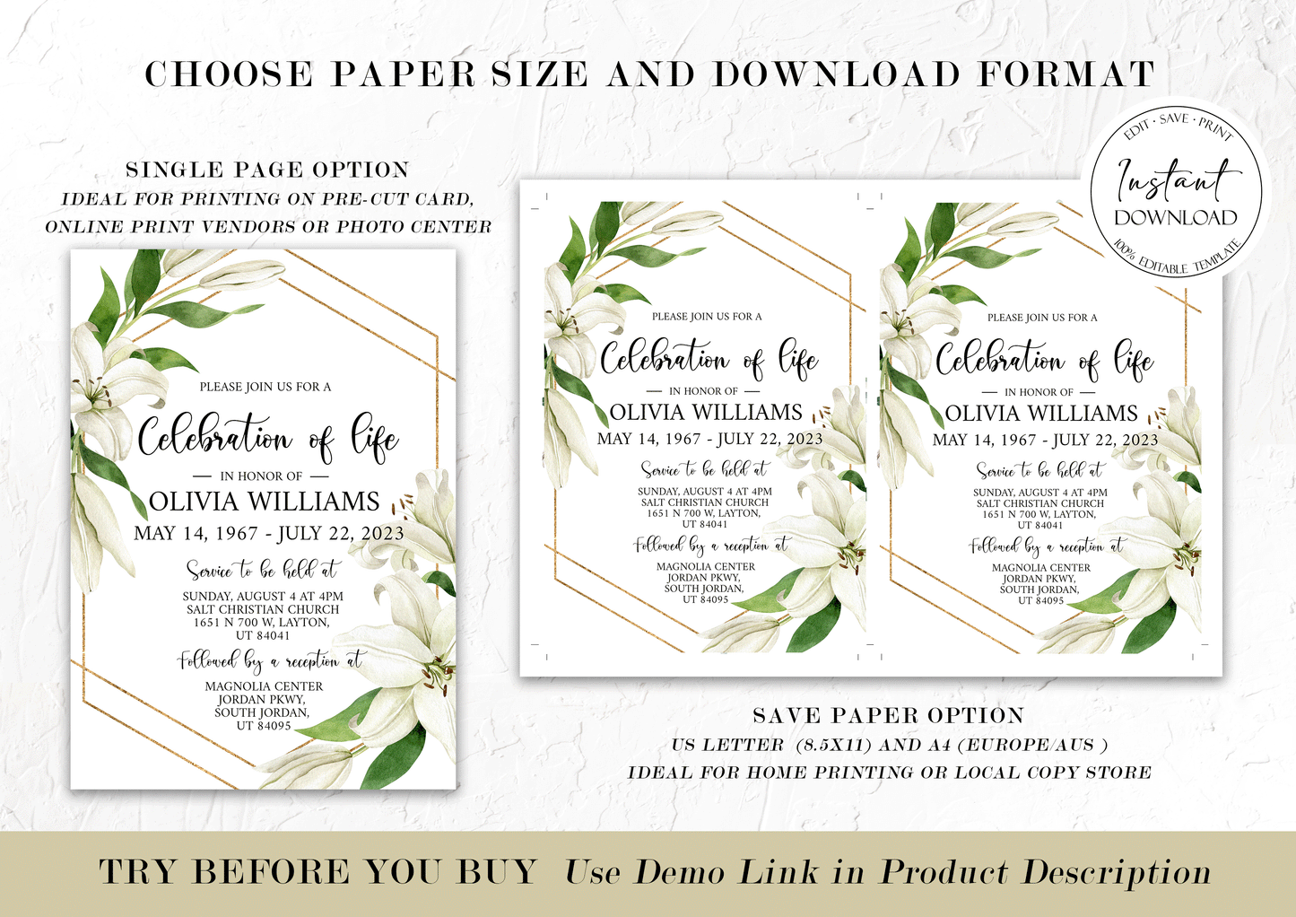 Celebration of life White Lilies Greenery Gold Funeral Invitation Template, White Lilies Funeral Announcement, Funeral Card Template, White Lilies Memorial Service Invitation