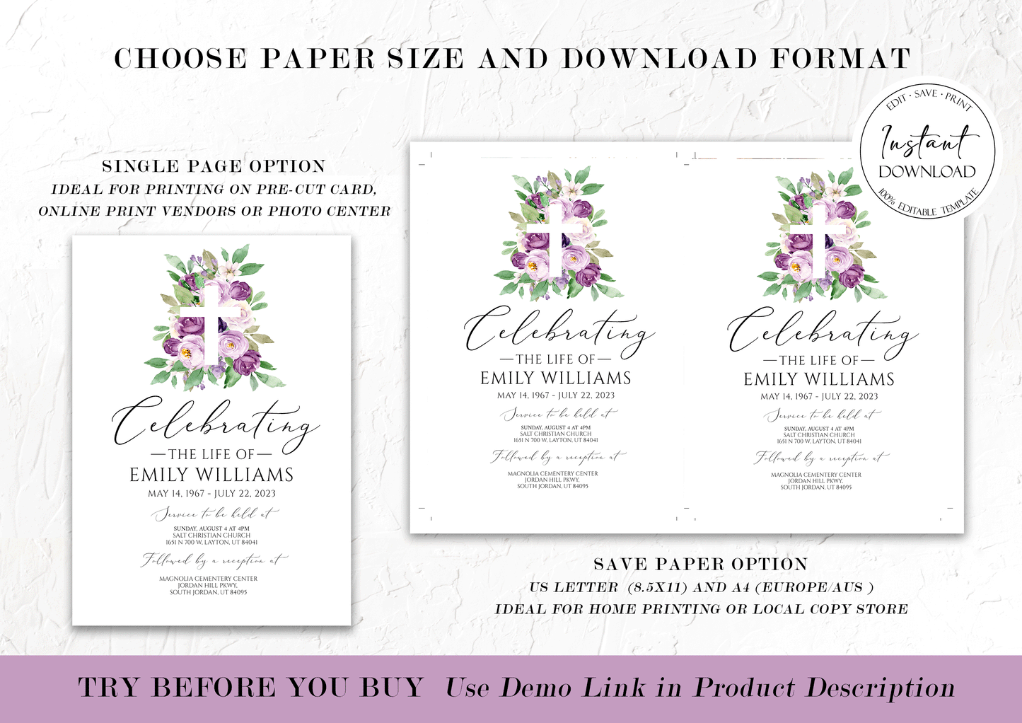 Celebration of life Invitation, Purple Flower Cross Funeral Invitation, Purple Funeral Announcement Card Template Memorial Service Invite P1