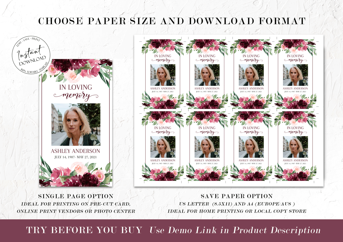Editable Red Funeral Prayer Card, Printable Memorial Prayer Card, Red Roses Funeral Prayer Card Celebration of life Catholic Prayer Cards R3