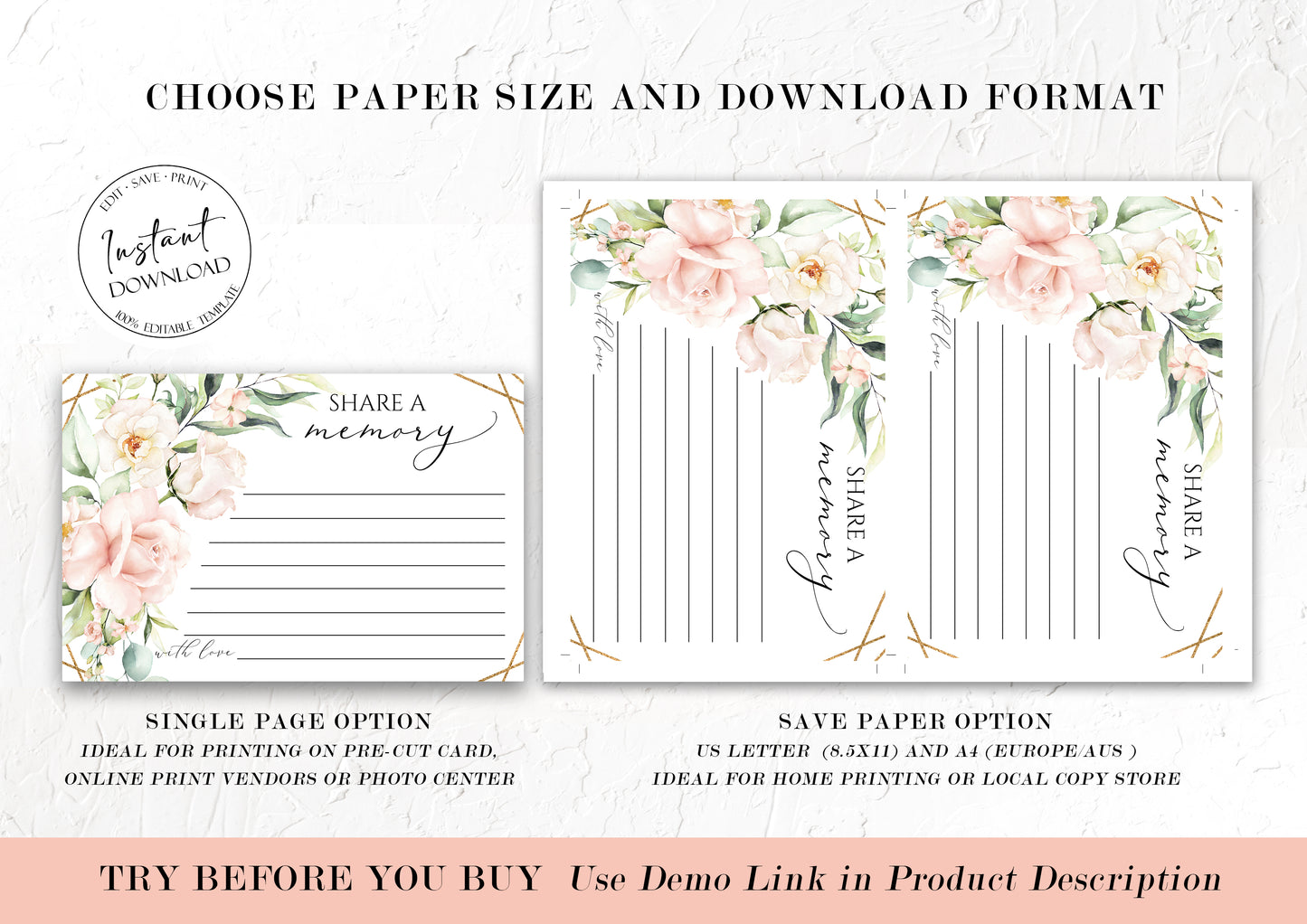 Share a Memory Funeral Sign Share a Memory Cards, Pink Roses Funeral Memory Cards, Editable Blush Funeral Share a Memory, Memorial Sign P4