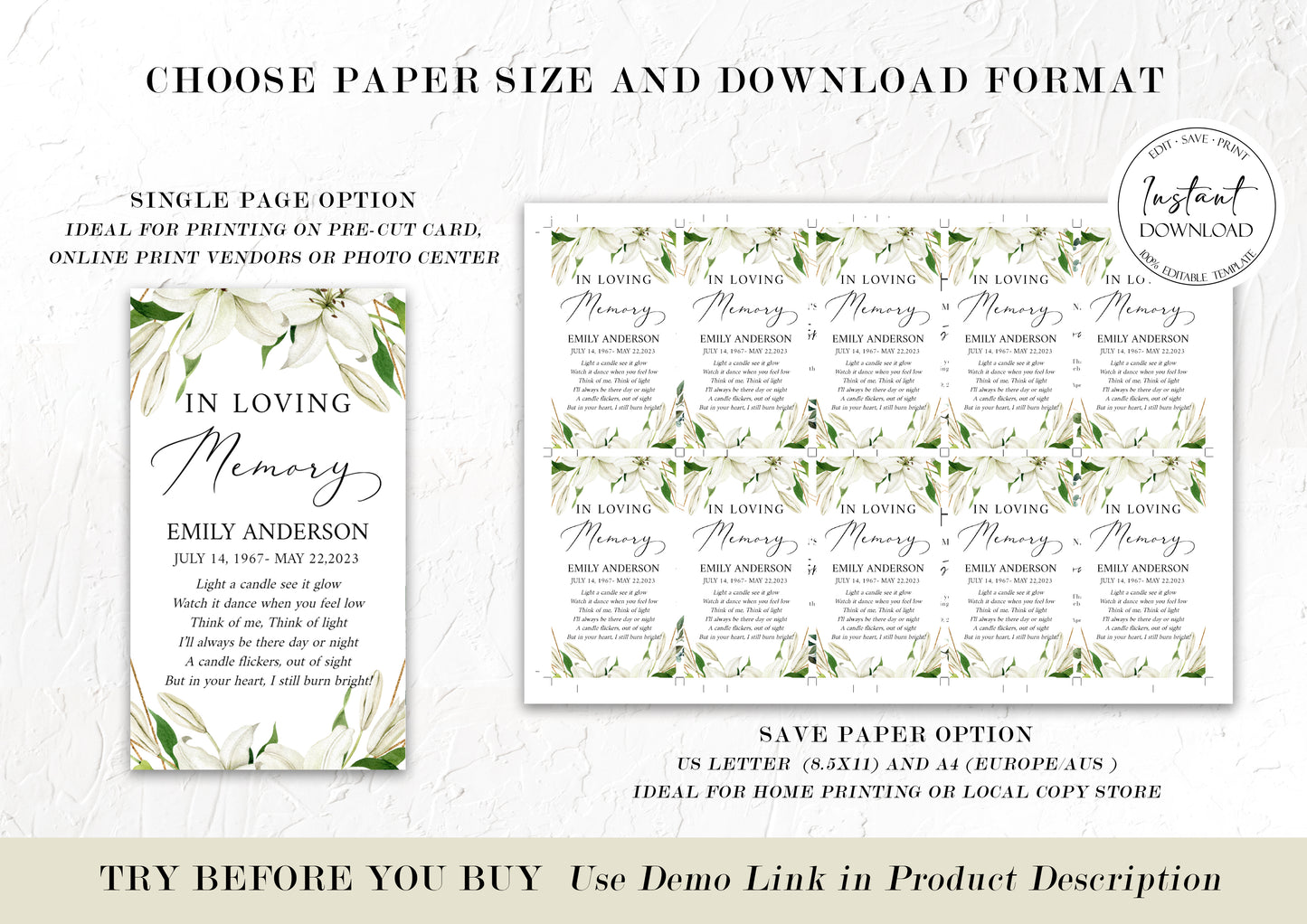 In Loving Memory White Lilies Greenery Gold Funeral Favor Tag Template WL1