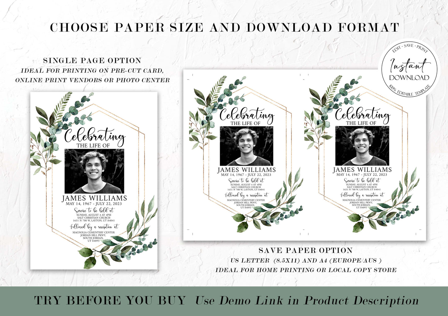 Celebration of life Watercolor Greenery Gold Funeral Invitation Template, Funeral Announcement Funeral Card Template, Memorial Service Invitation Q1
