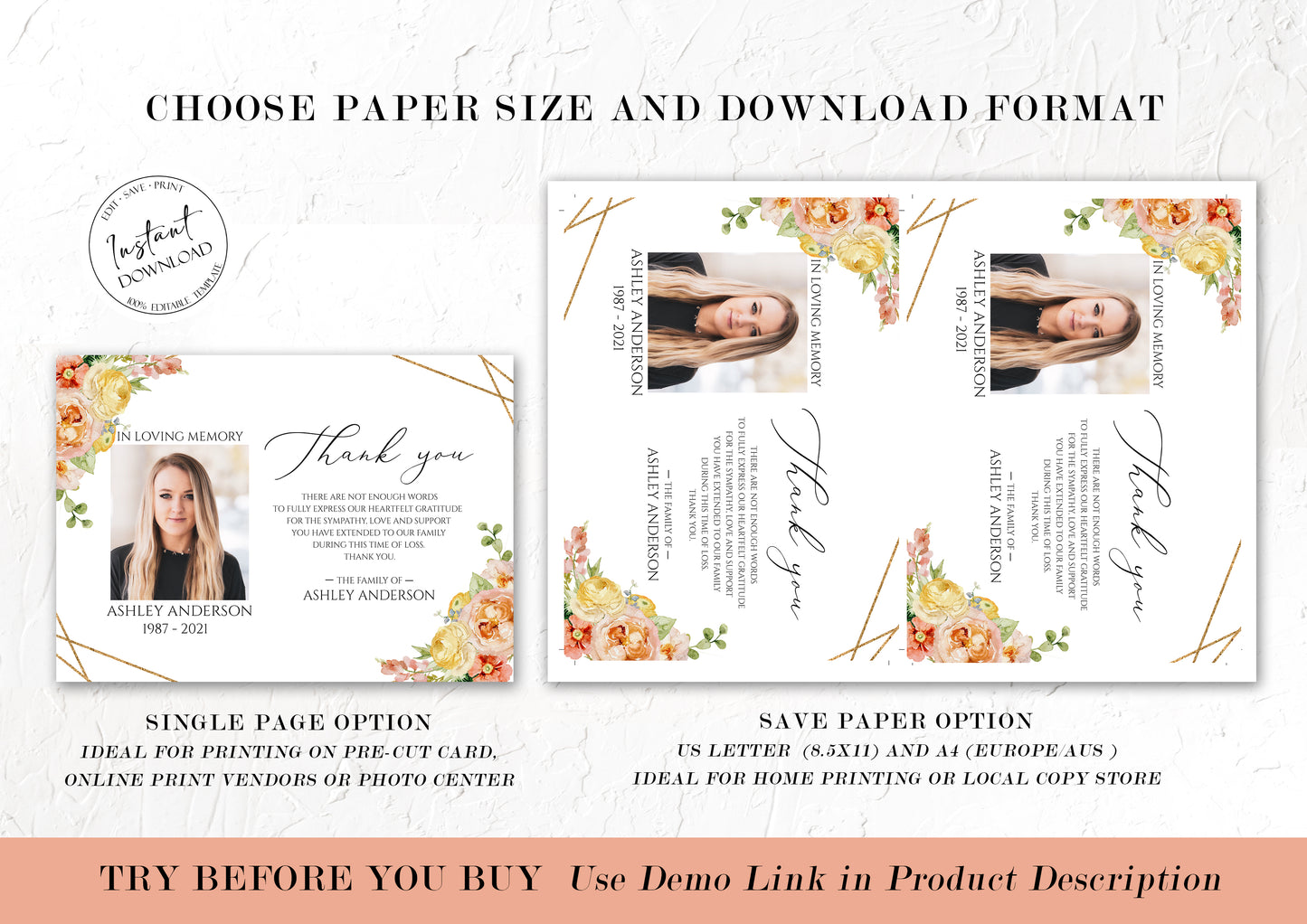 Celebration of life Elegant Yellow Pink Floral Funeral Photo Thank You Card Template, Printable Elegant Yellow Pink Floral Memorial Card, Editable Elegant Sympathy Cards