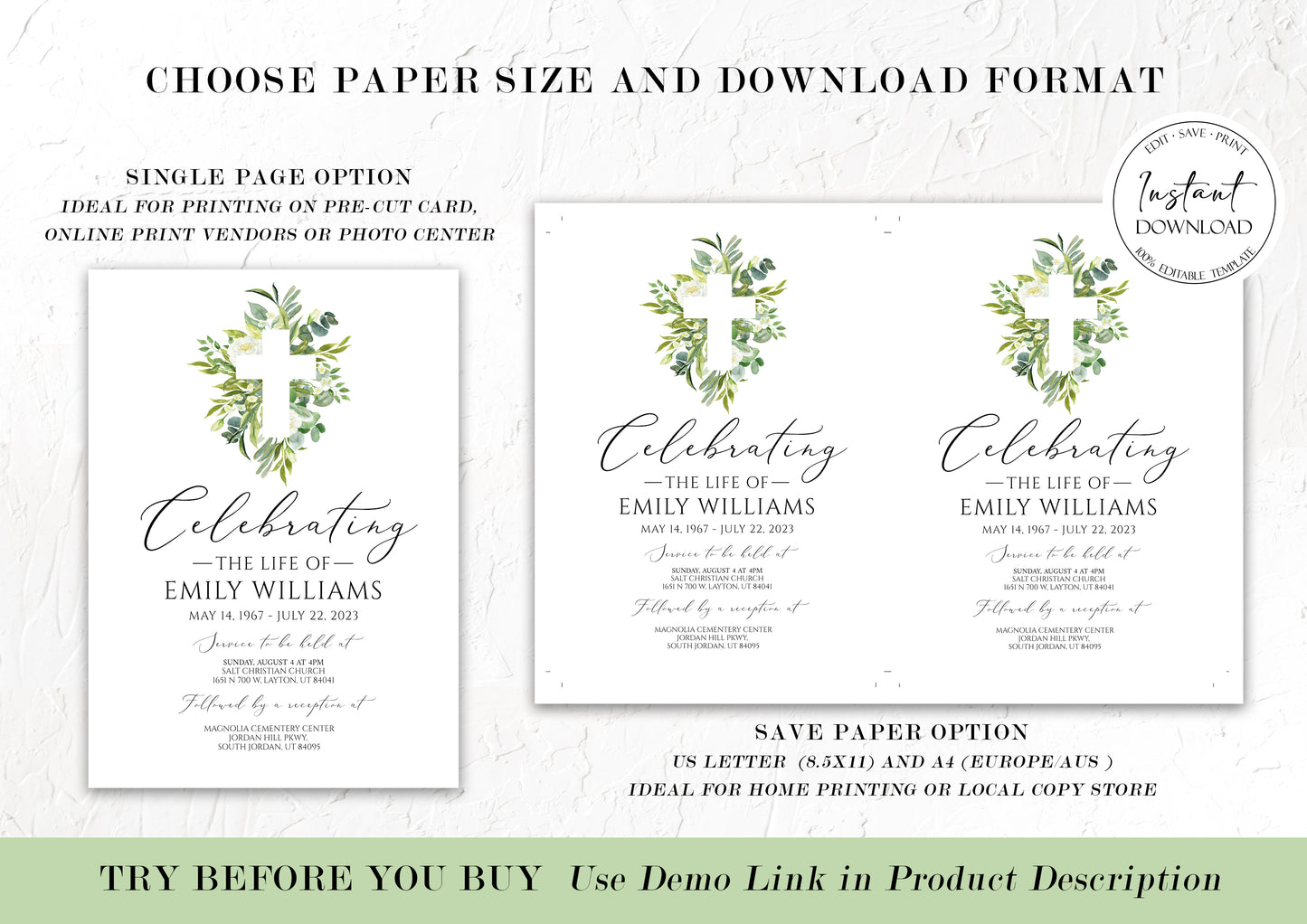Celebration of life Watercolor Greenery Cross Funeral Invitation Template, Greenery Cross Funeral Invitation, Watercolor Greenery Cross Funeral Announcement Card